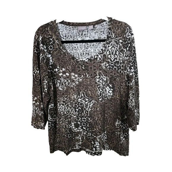 Chico's Brown Floral Print Scoop Neck 3/4 Sleeve Grunge Casual Top Womans Size L - Picture 1 of 3